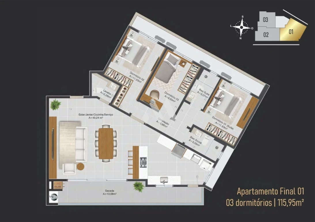 Apartamento em Pagani, Palhoça. 3 quartos, 11595m². Imagem 2 de 15
