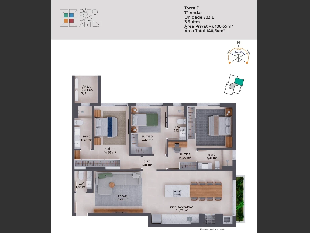 Apartamento em Pedra Branca, Palhoça. 3 quartos, 109m². Imagem 6 de 7