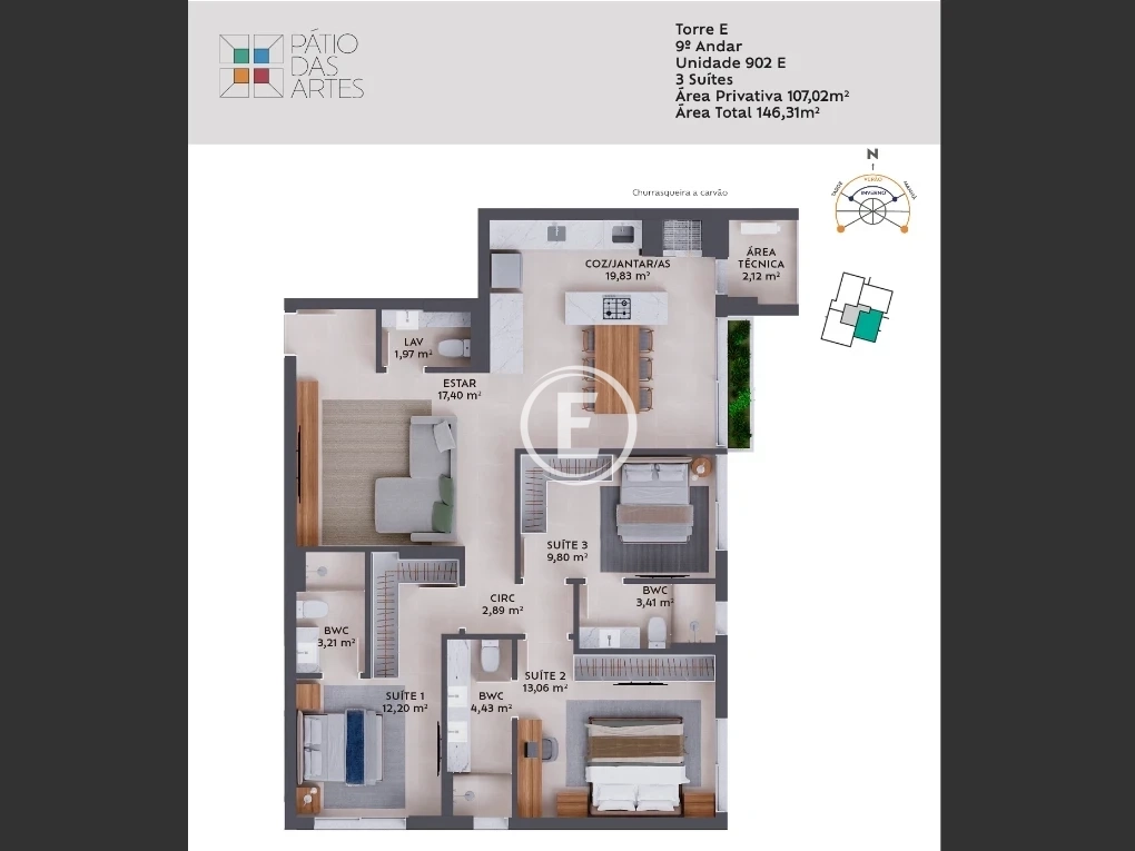 Apartamento em Pedra Branca, Palhoça. 3 quartos, 107m². Imagem 5 de 7