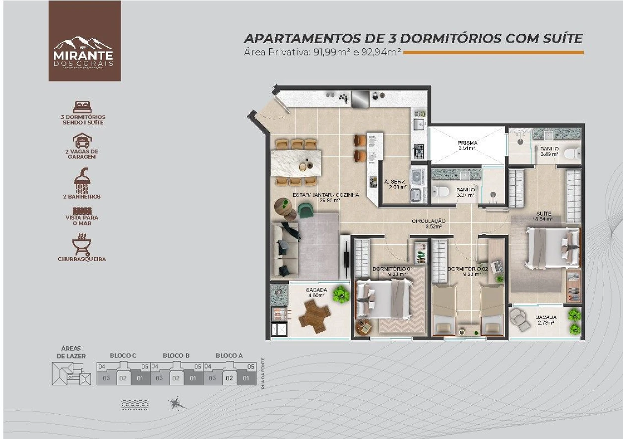 03 Dormitório, 01 Suite em Coqueiros com Vista Mar - Santa Catarina - Foto 22