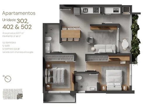 Studio 31,52M² em Coqueiros no A1 - Elementos da Terra - Studio em Coqueiros, Florianópolis - Foto 3