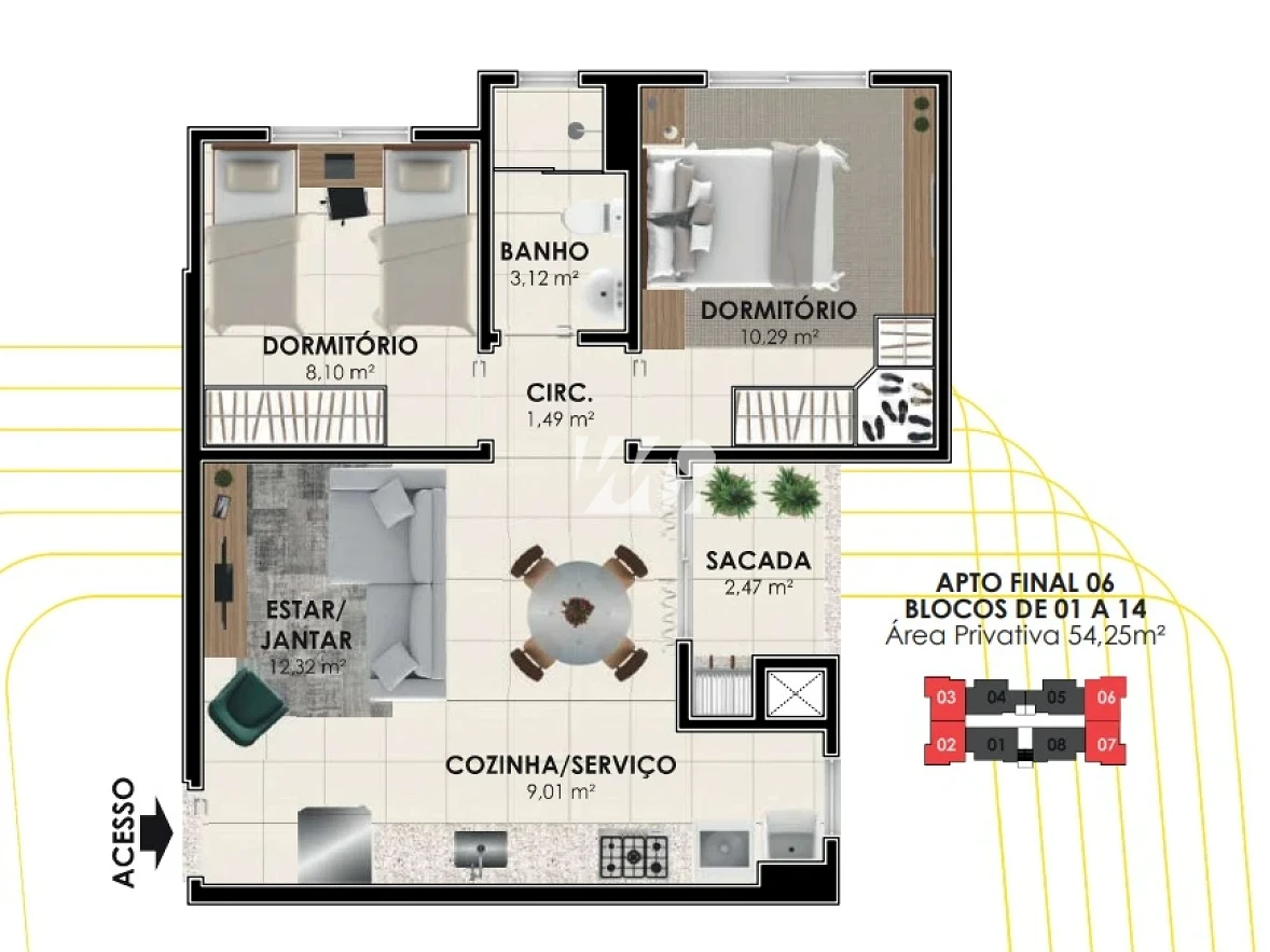 Apartamento em Pedra Branca, Palhoça. 2 quartos, 54m². Imagem 3 de 3