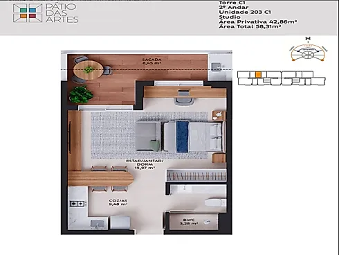 Apartamento Stúdio, 1 Dormitório - Studio em Pedra Branca, Palhoça - Foto 2