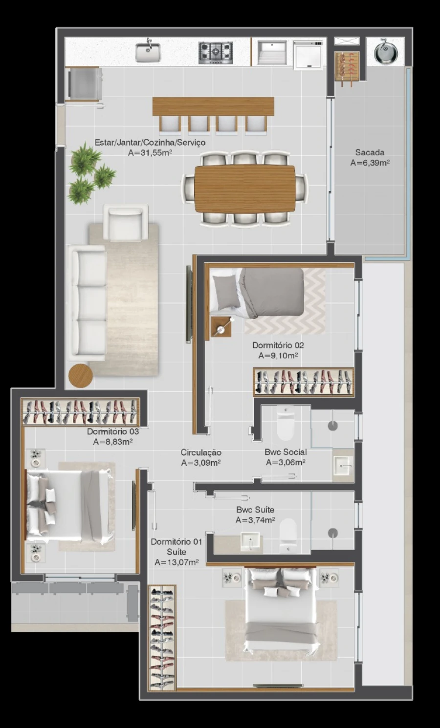 Apartamento em Passa Vinte, Palhoça. 3 quartos, 90m². Imagem 4 de 11