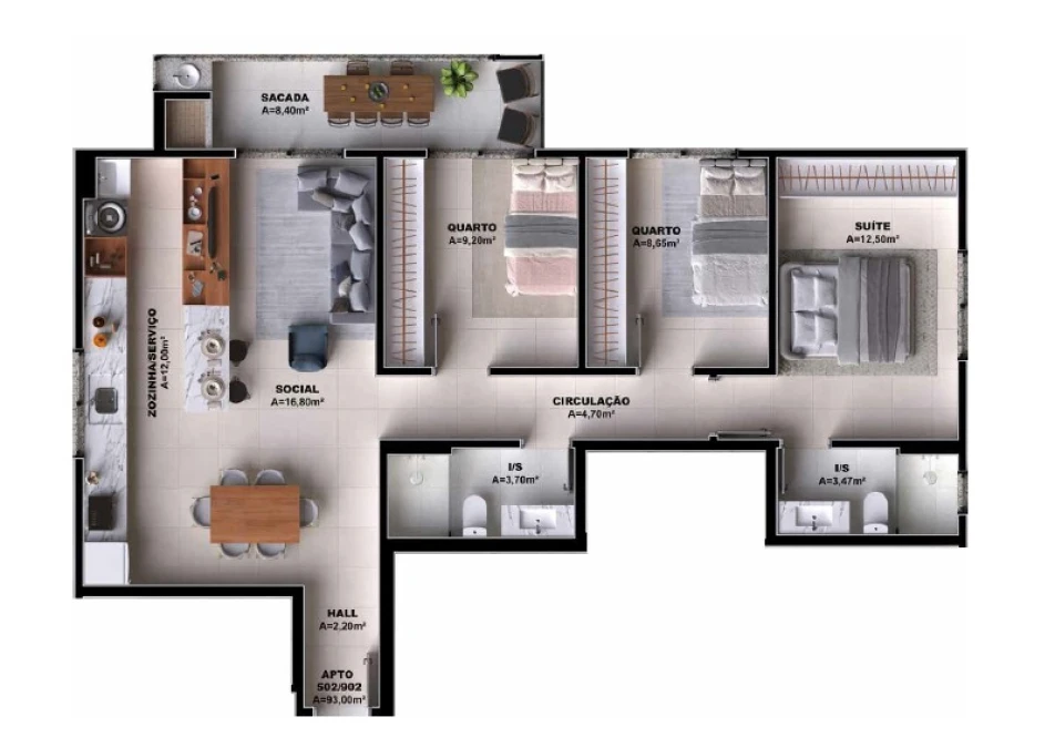 Apartamento em Pedra Branca, Palhoça. 3 quartos, 93m². Imagem 4 de 12