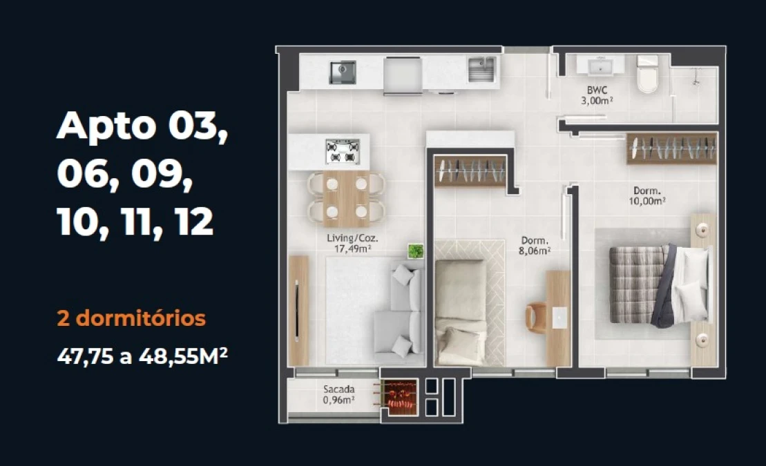 Apartamento em Pagani, Palhoça. 2 quartos, 47m². Imagem 2 de 9