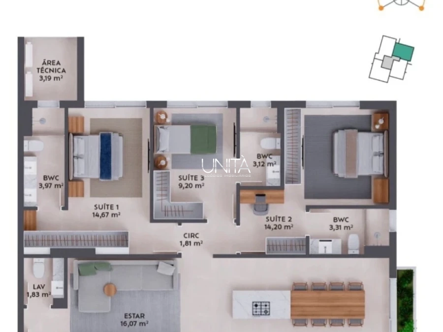 Apartamento em Pedra Branca, Palhoça. 3 quartos, 109m². Imagem 3 de 18
