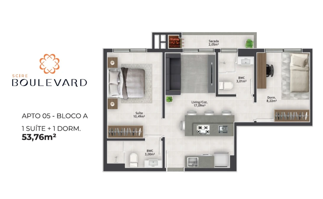 Apartamento em Pagani, Palhoça. 2 quartos, 53m². Imagem 2 de 9